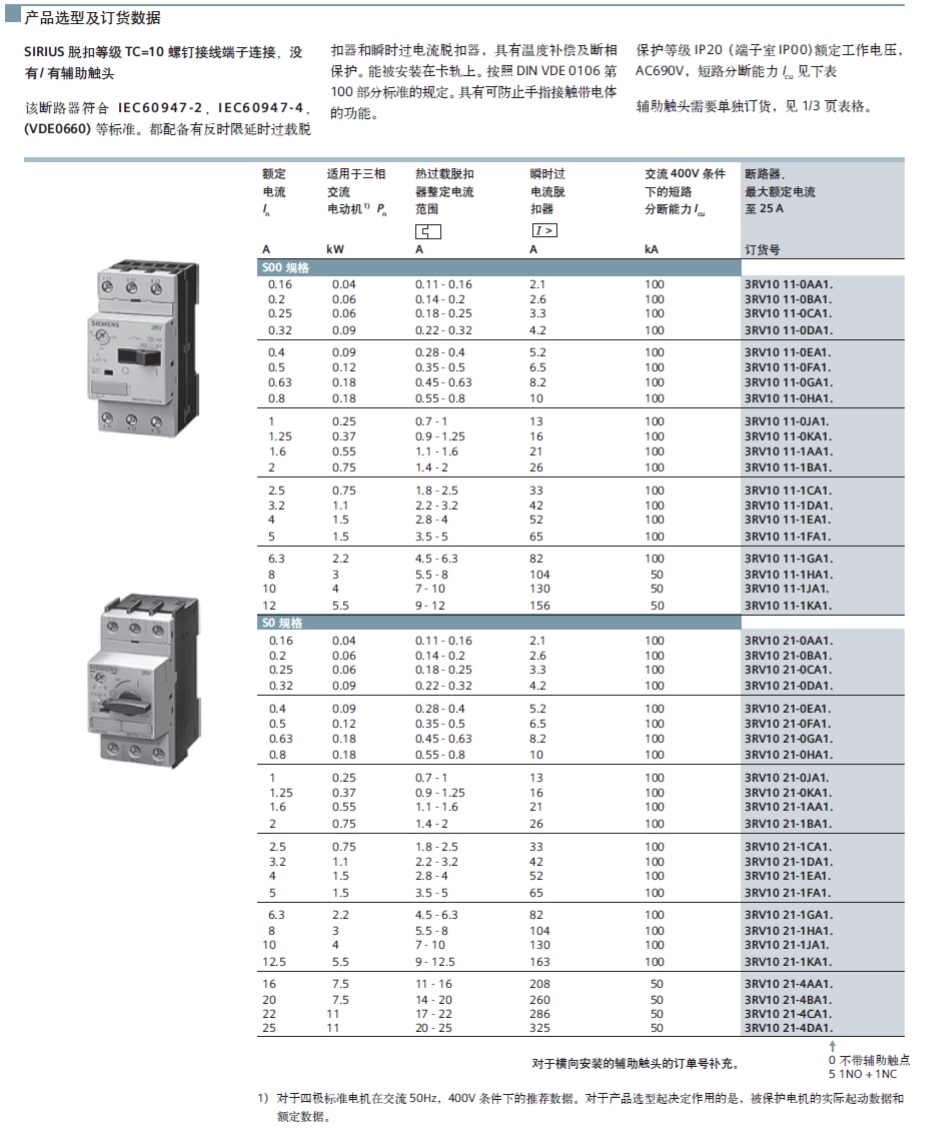 西门子 3RV10 21-0KA15 1.25A 适用三相交流电机功率0.37kw 1NO/1NC辅助触点 电机保护断路器 西门子 3RV10 21-0KA15 1.25A 适用三相交流电机功率0.37kw 1NO/1NC辅助触点 电机保护断路器