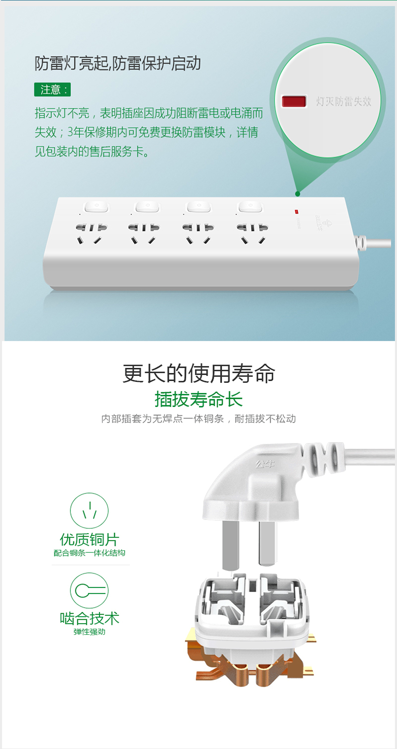 公牛 GN-H2080-3M 8位三重防雷接线板