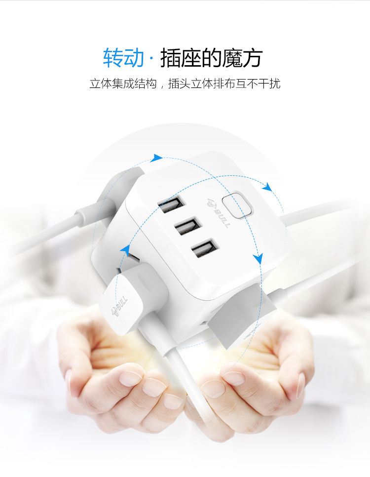 公牛 GN-U303N-1.5M 3.1A/3口USB、微动电子开关、3个强电插孔、防触电保护门智能USB系列插座