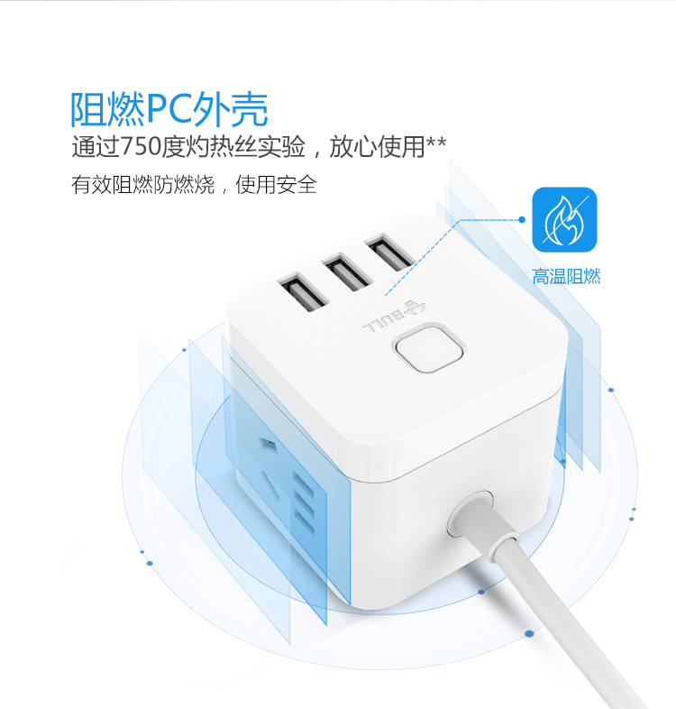 公牛 GN-U303N-1.5M 3.1A/3口USB、微动电子开关、3个强电插孔、防触电保护门智能USB系列插座
