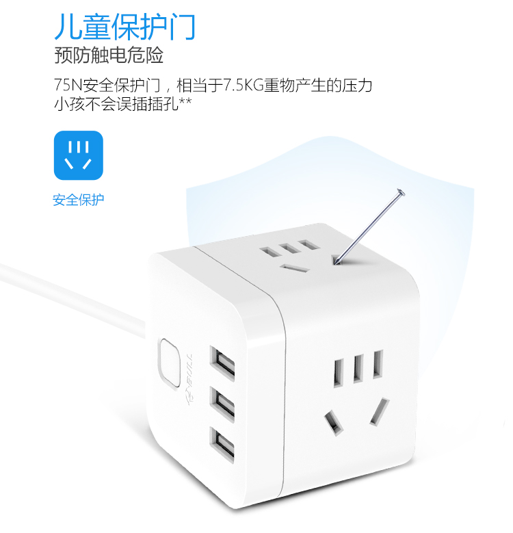 公牛 GN-U303N-1.5M 3.1A/3口USB、微动电子开关、3个强电插孔、防触电保护门智能USB系列插座
