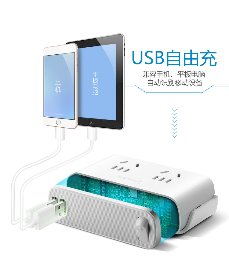 公牛 GN-U202GU-1.8M 2.4/2口USB、双五扁孔、总控开关办公桌系列桌边插