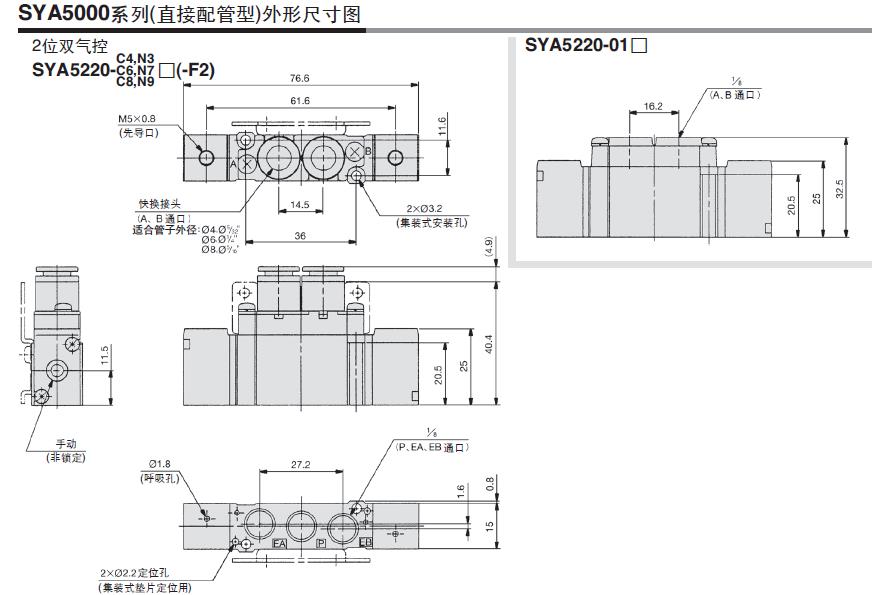 SMC SYA5120-01 Rc1/8 五通二位单气控 直接配管型 气动阀