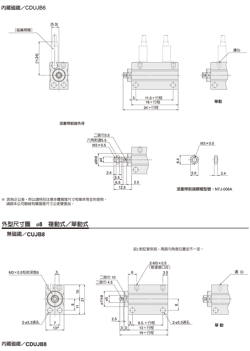 SMC CDUJB6-15DM 缸径6mm 行程15mm 自由安装气缸