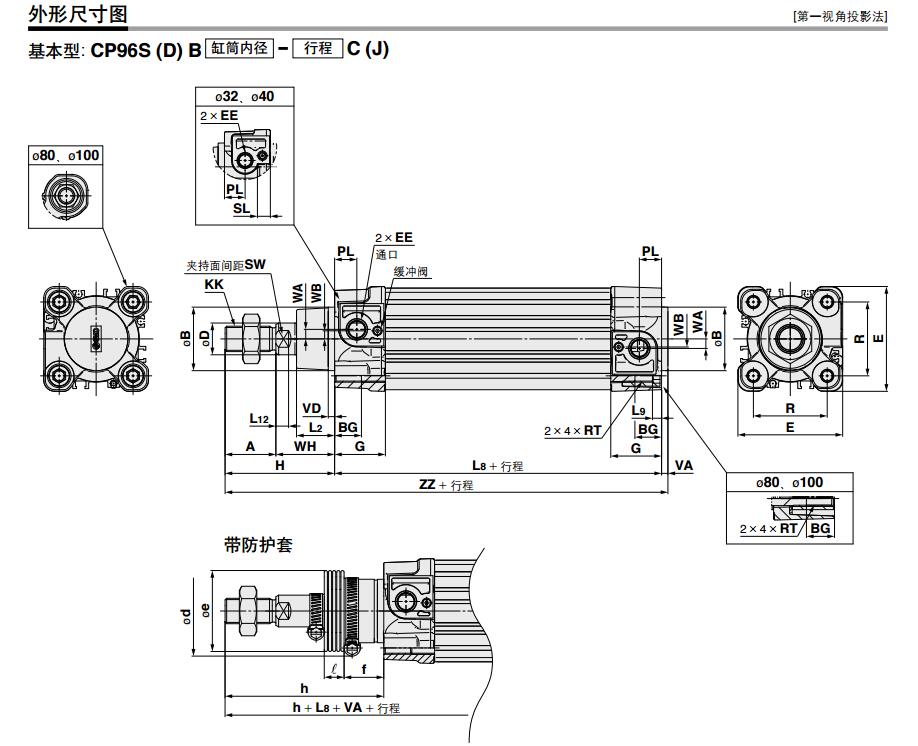 SMC CP96SDB63-400C 缸径63mm 行程400mm 双作用方形标准气缸