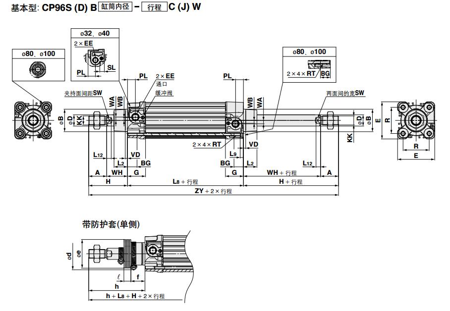 SMC CP96SDB63-400C 缸径63mm 行程400mm 双作用方形标准气缸